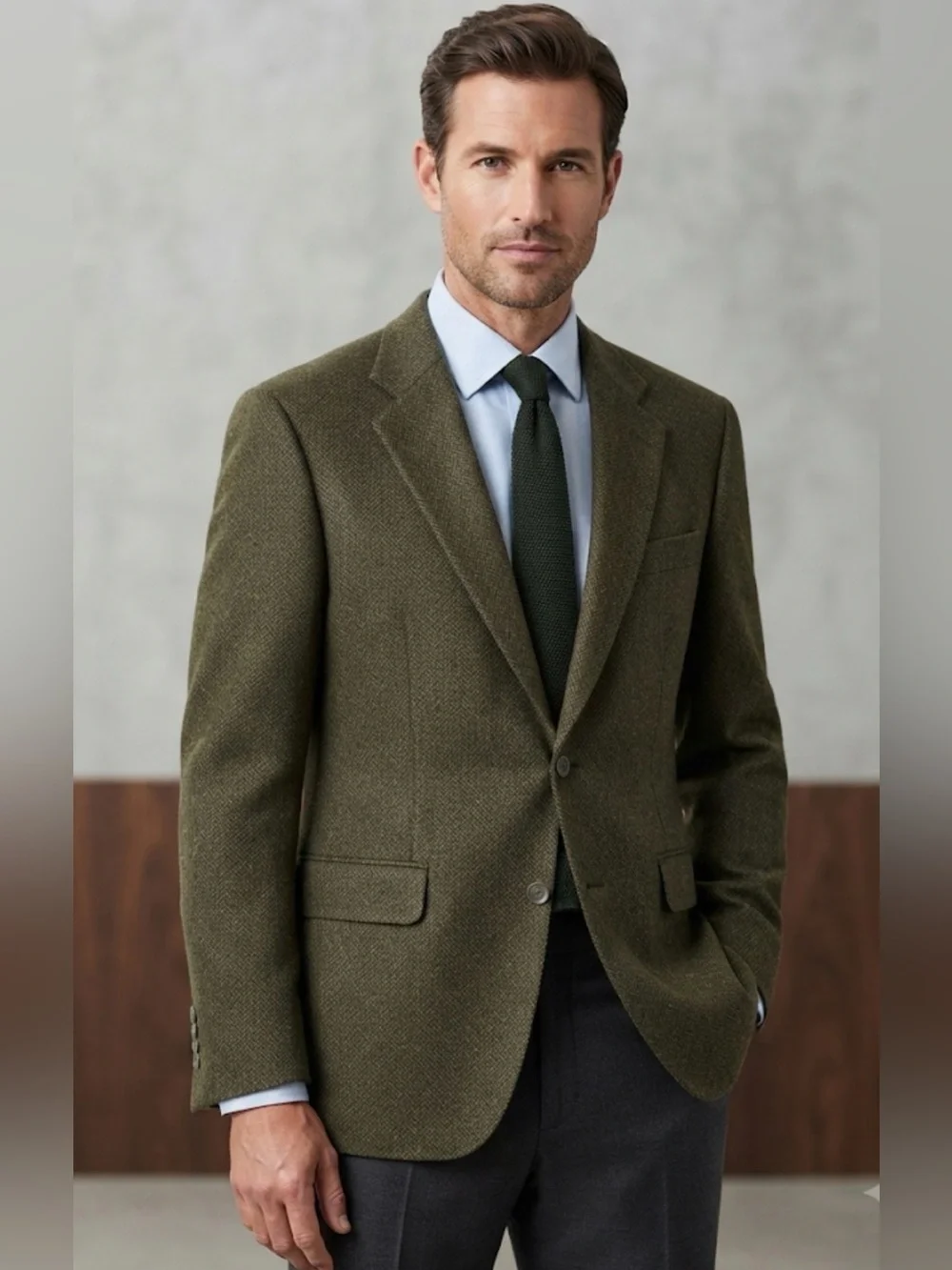 Classic Men's Herringbone Wool Blazer - Olive Brown